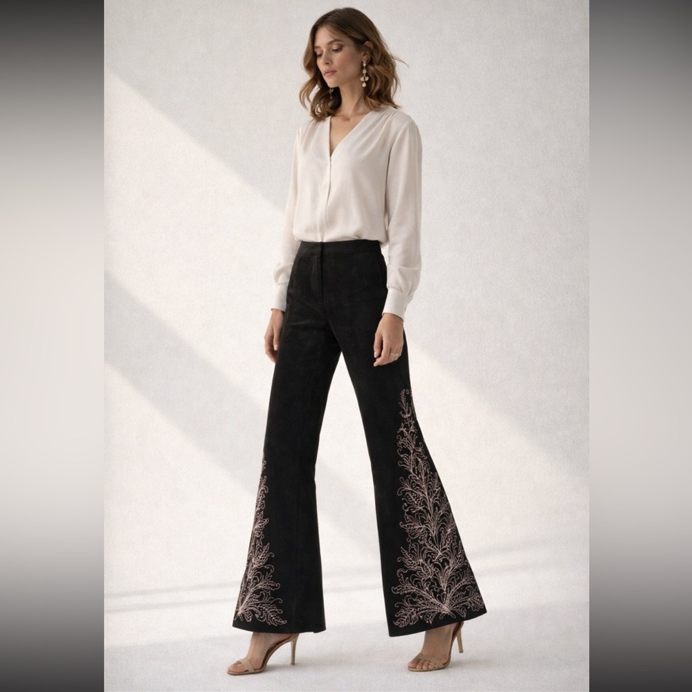 St. John Leather flare floral embroidered suede Pants Black